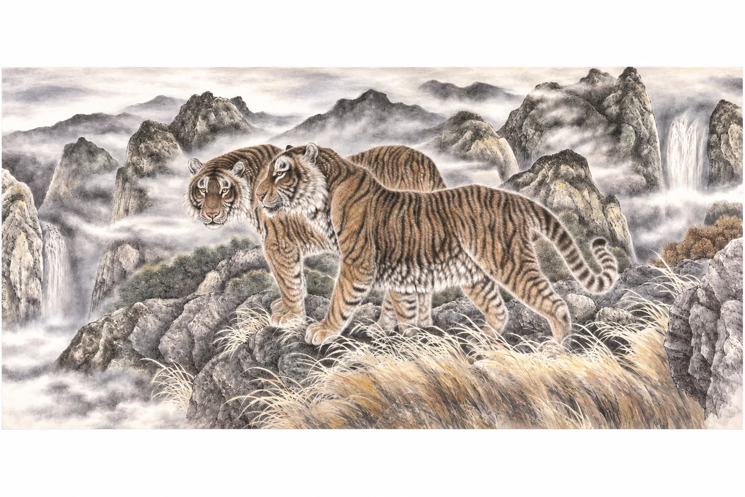 Two Tigers in Misty Mountains | Chinese Brush Painting