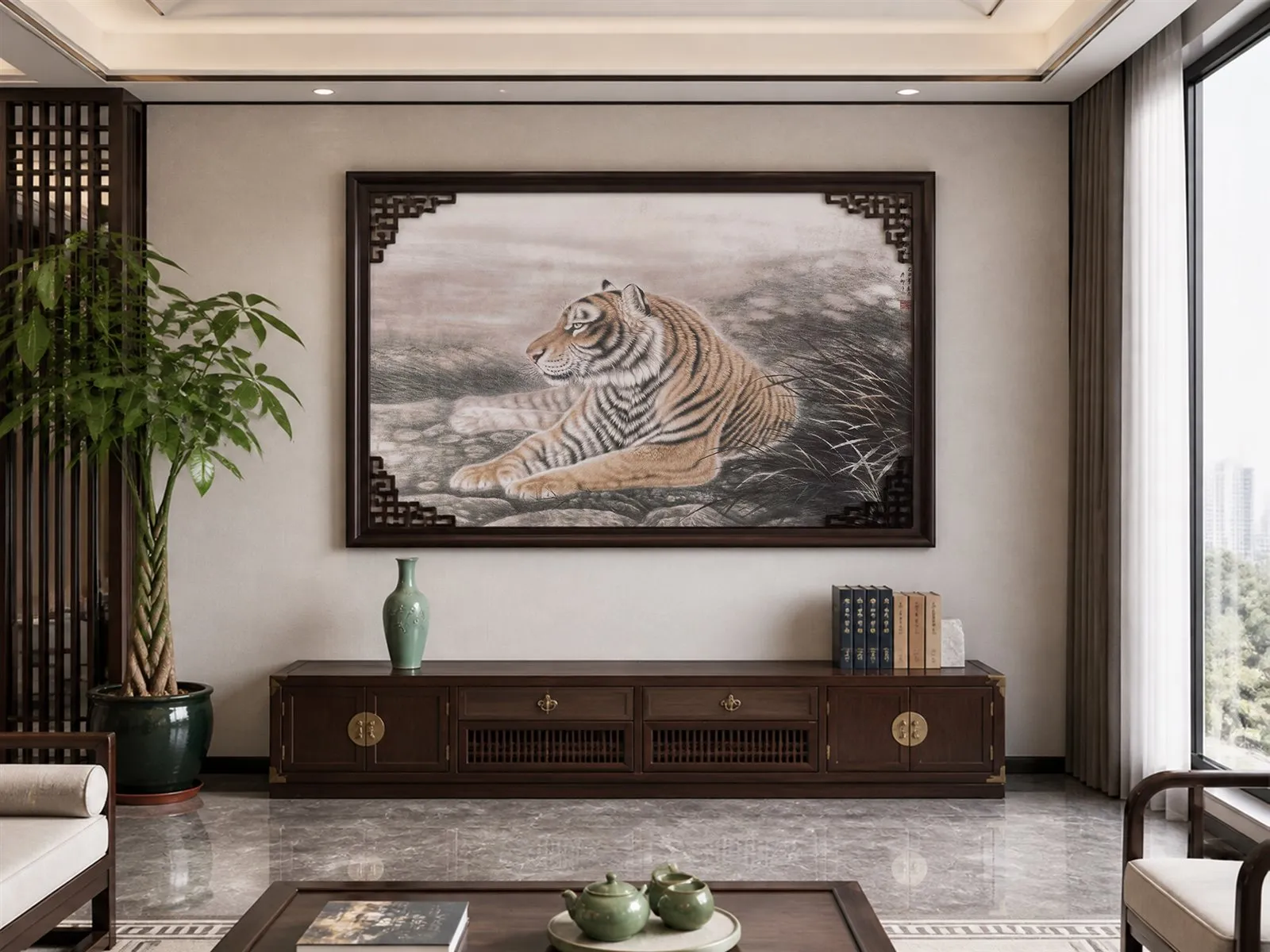 Tiger Resting by the Mountain Stream | Chinese Painting tiger painting view 2