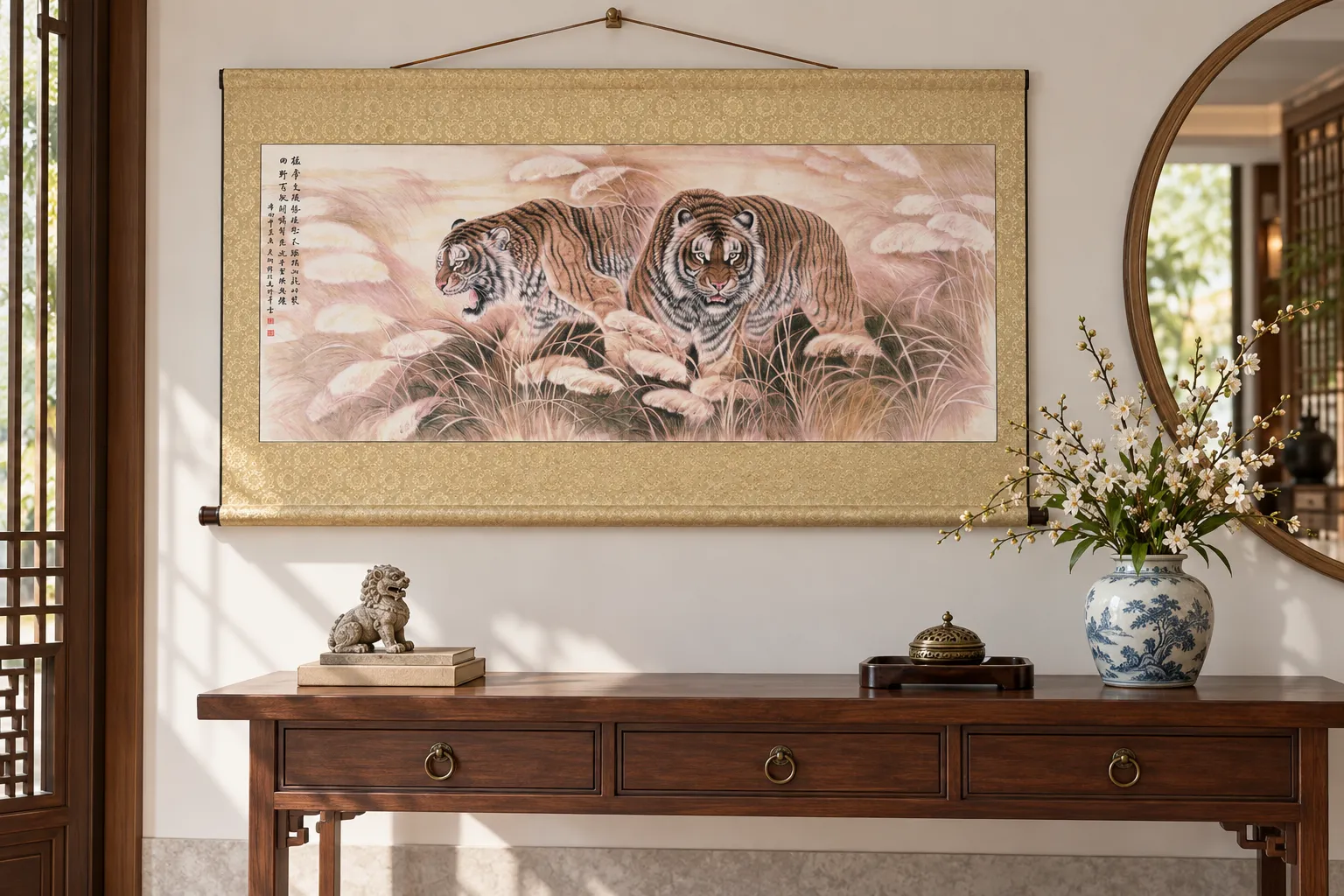 Twin Tigers in Golden Reeds | Family Bond Painting tiger painting view 2