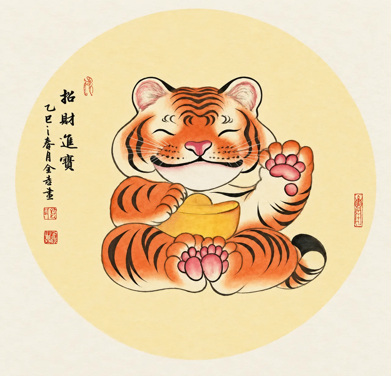 Beckoning Tiger with Gold Ingot | Round Fan Chinese Painting