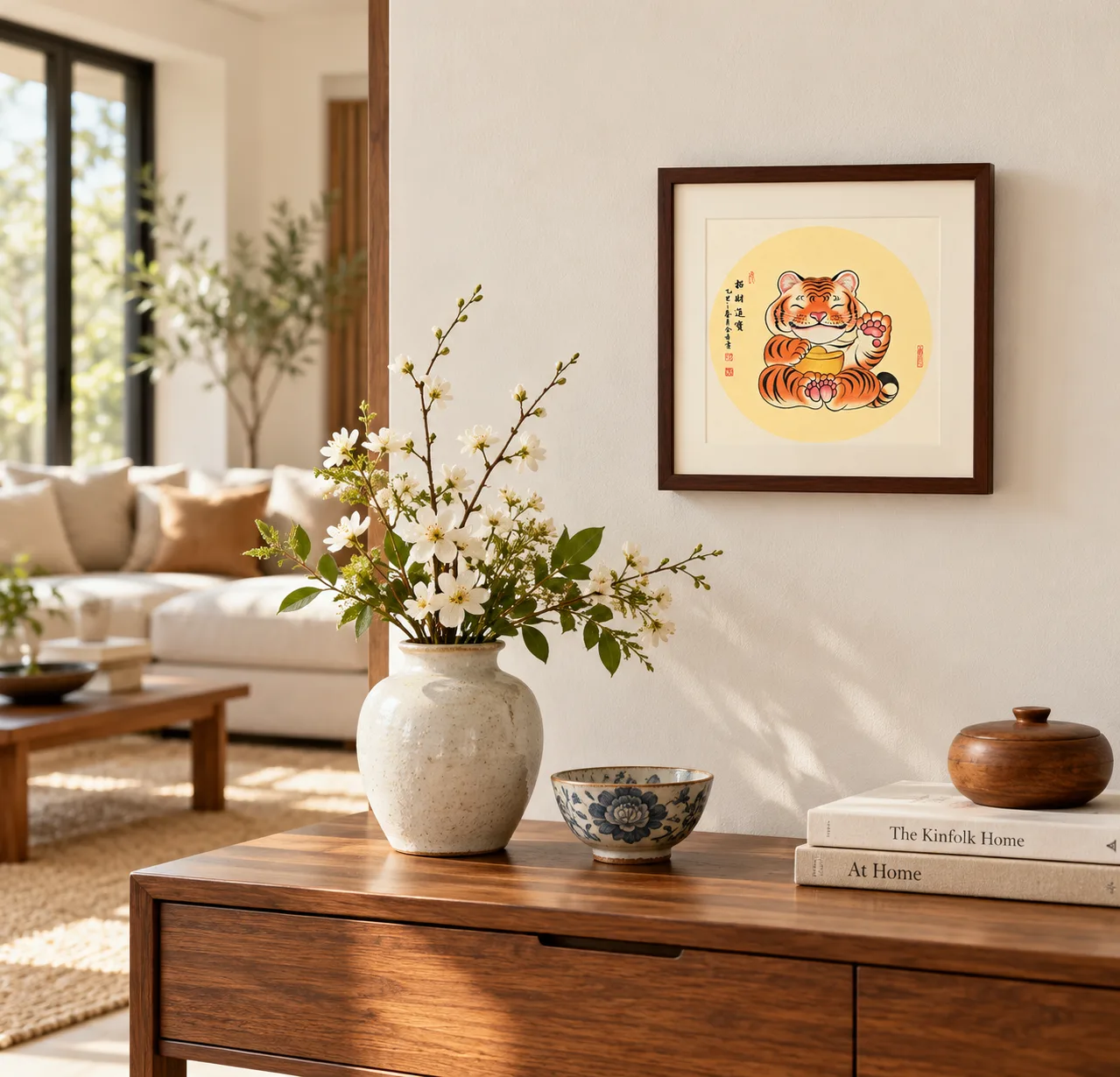 Beckoning Tiger with Gold Ingot | Round Fan Chinese Painting tiger painting view 3