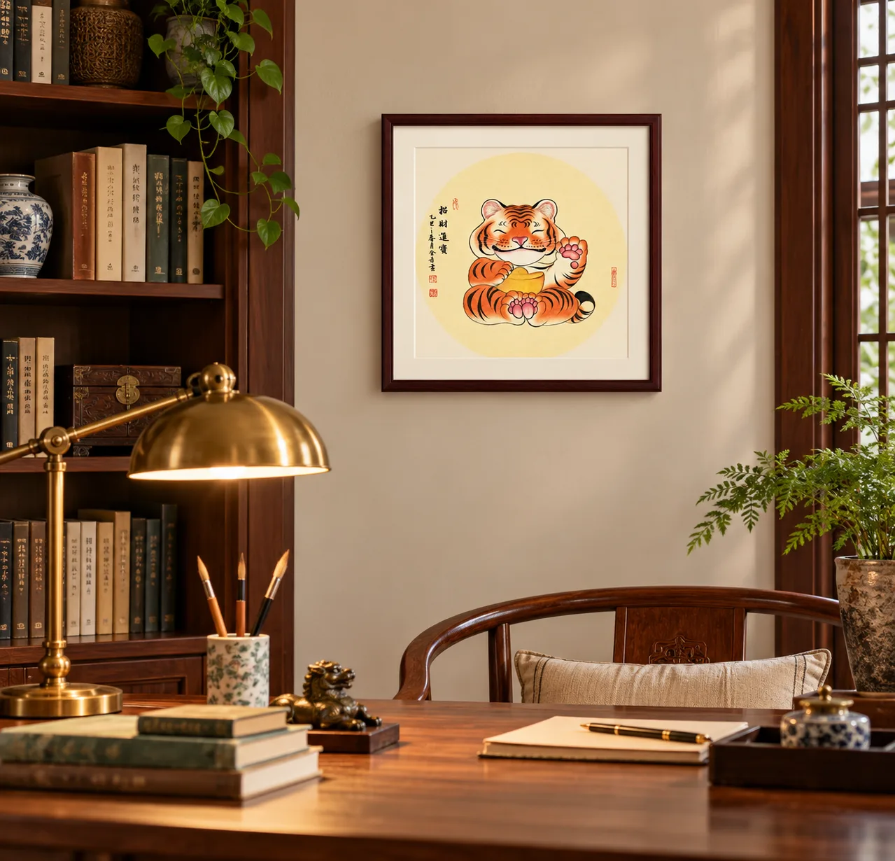 Beckoning Tiger with Gold Ingot | Round Fan Chinese Painting tiger painting view 5