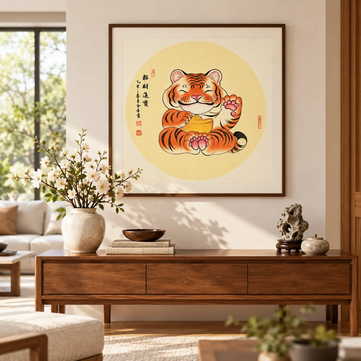 Beckoning Tiger with Gold Ingot | Round Fan Chinese Painting tiger painting view 9