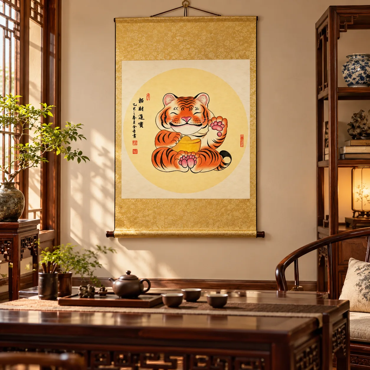 Beckoning Tiger with Gold Ingot | Round Fan Chinese Painting tiger painting view 10