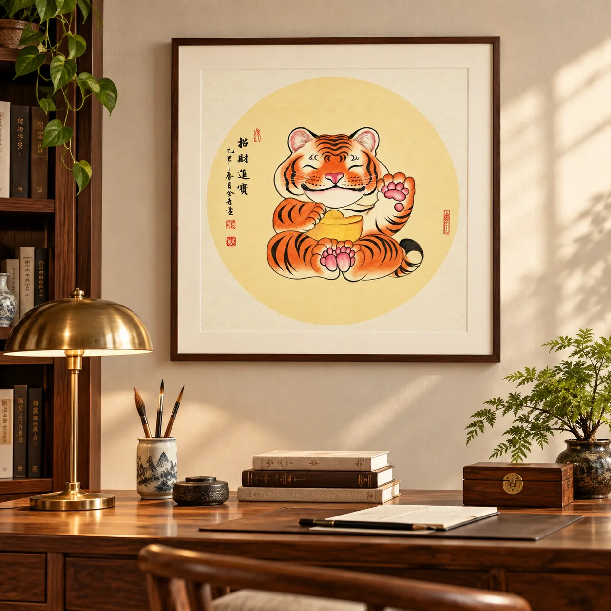 Beckoning Tiger with Gold Ingot | Round Fan Chinese Painting tiger painting view 11