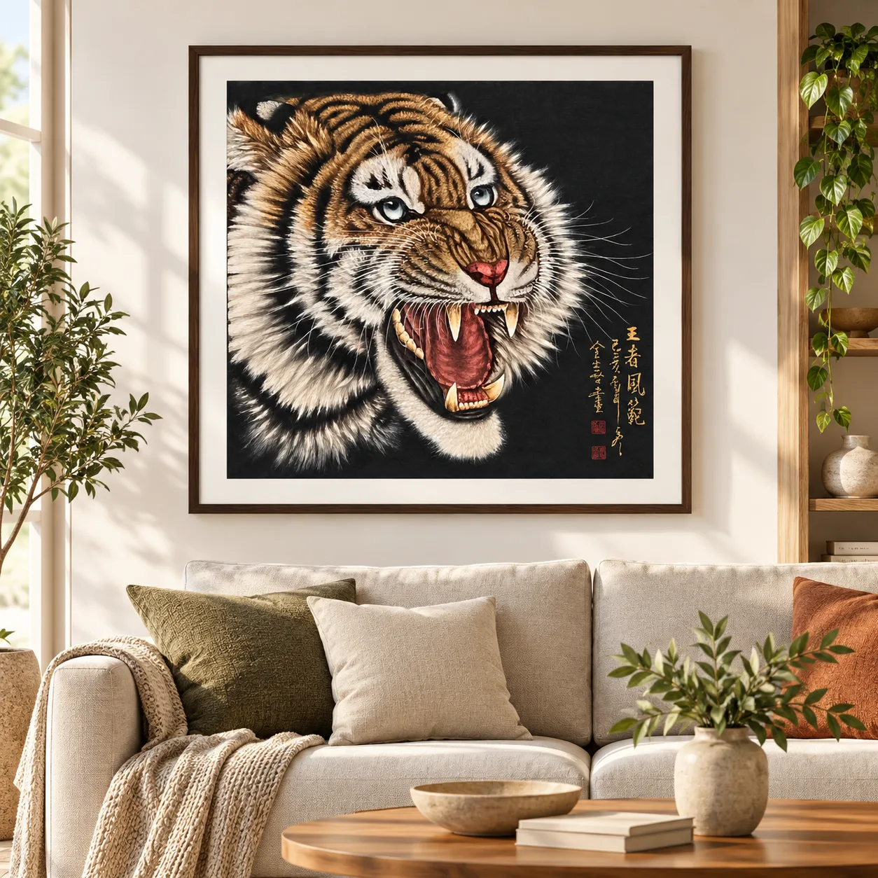 Blue-Eyed Tiger Roaring | Chinese Fine-Brush Portrait tiger painting view 3