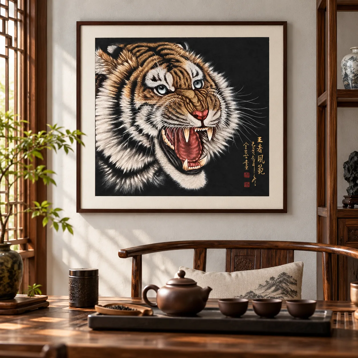 Blue-Eyed Tiger Roaring | Chinese Fine-Brush Portrait tiger painting view 4
