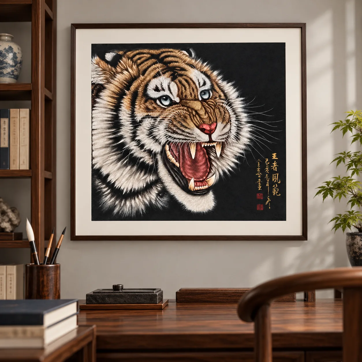 Blue-Eyed Tiger Roaring | Chinese Fine-Brush Portrait tiger painting view 5