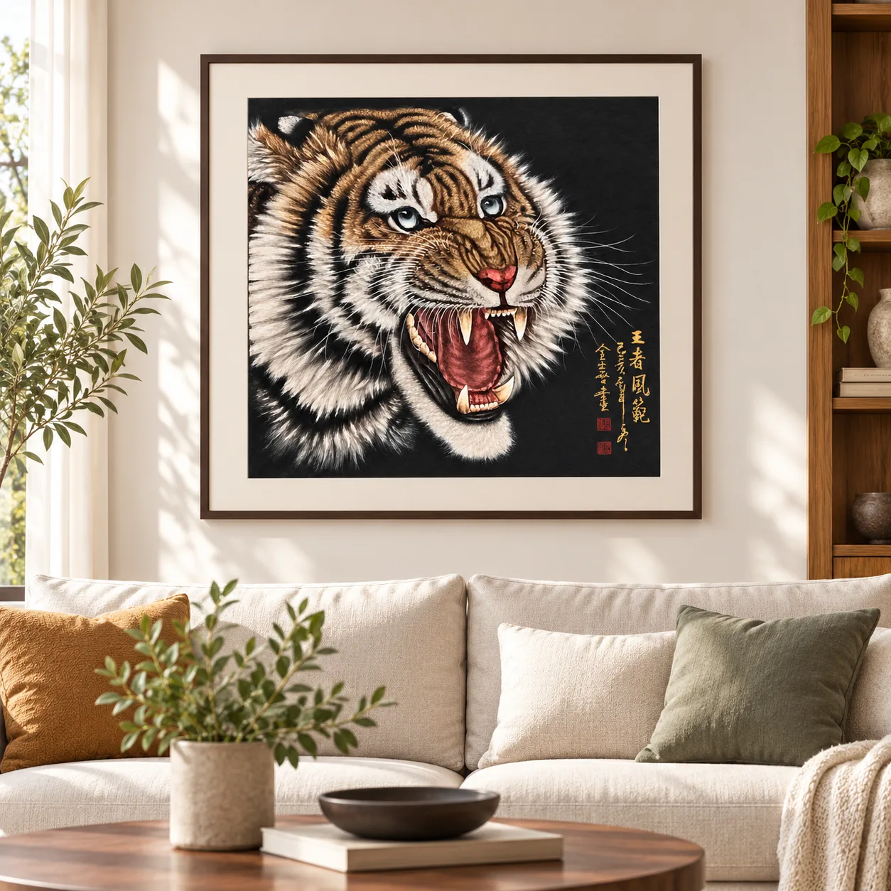 Blue-Eyed Tiger Roaring | Chinese Fine-Brush Portrait tiger painting view 12