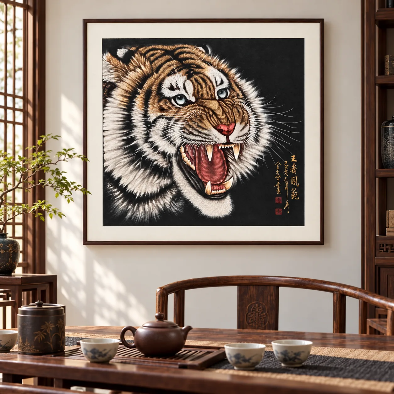 Blue-Eyed Tiger Roaring | Chinese Fine-Brush Portrait tiger painting view 13