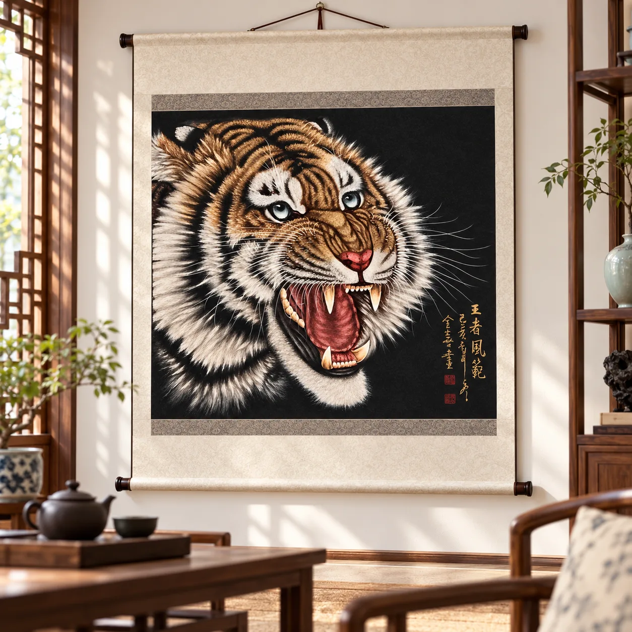 Blue-Eyed Tiger Roaring | Chinese Fine-Brush Portrait tiger painting view 6