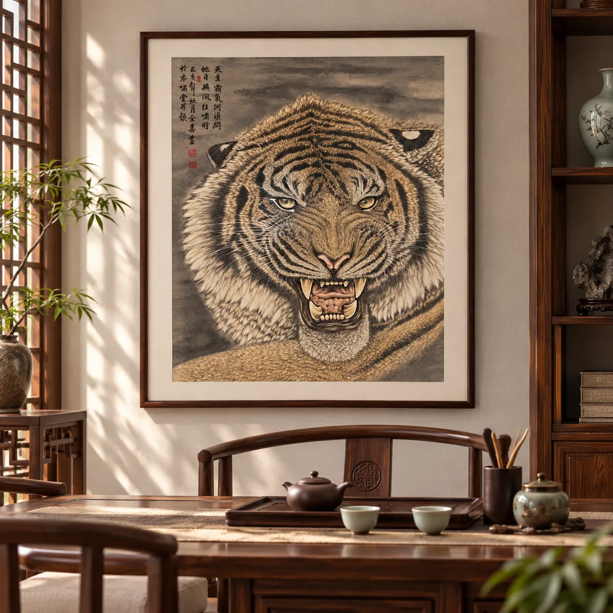 Fierce Tiger Roars in the Forest | Chinese Brush Tiger Portrait tiger painting view 4
