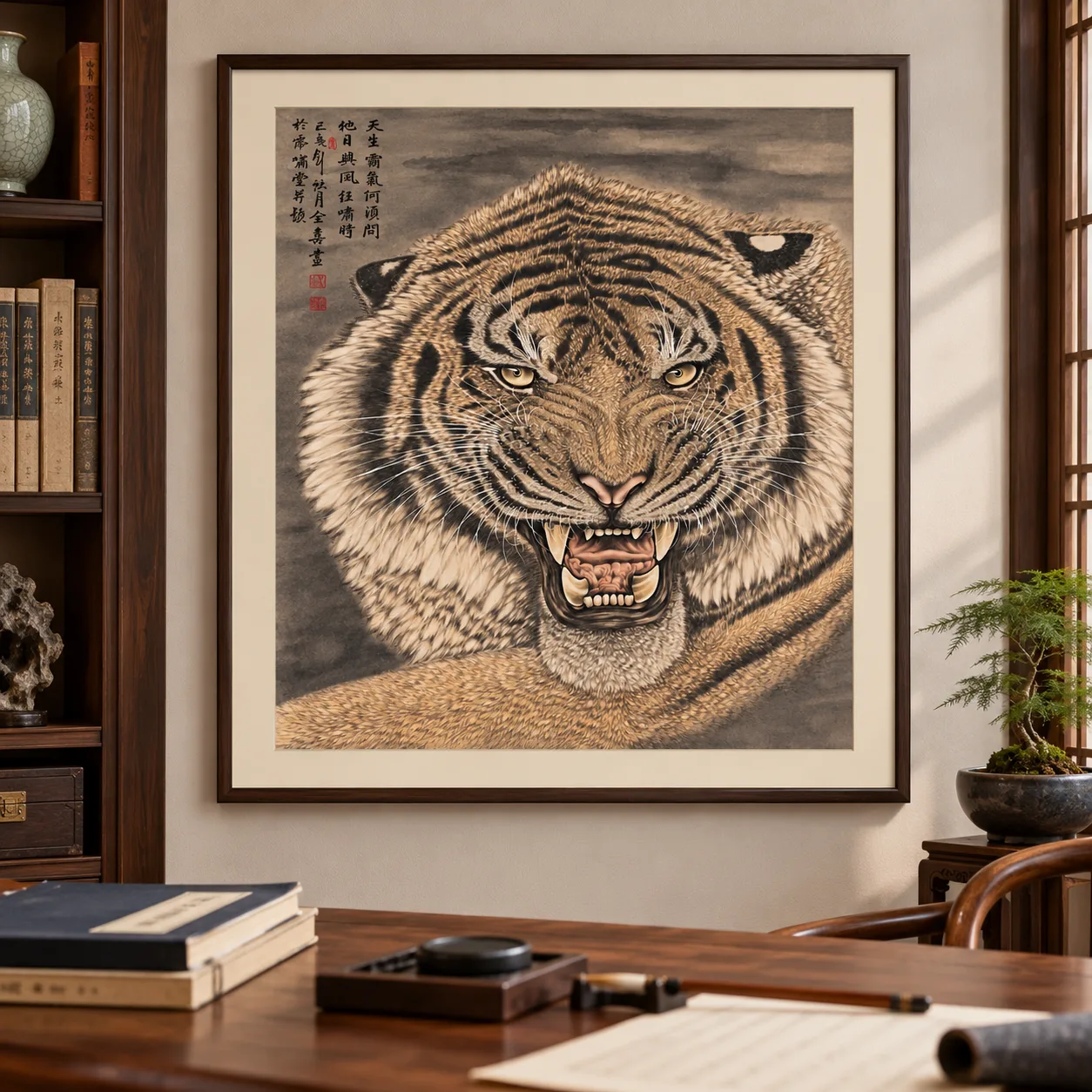 Fierce Tiger Roars in the Forest | Chinese Brush Tiger Portrait tiger painting view 5