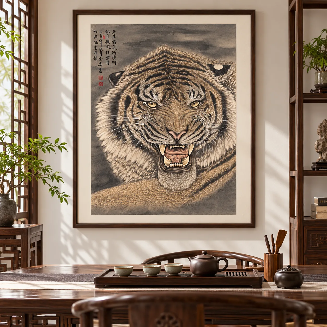 Fierce Tiger Roars in the Forest | Chinese Brush Tiger Portrait tiger painting view 14