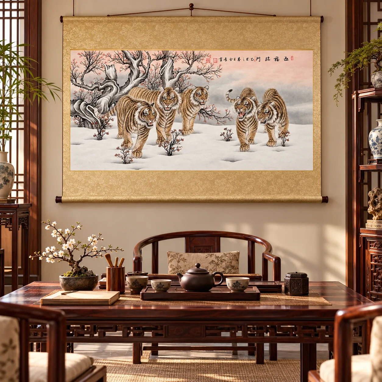 Five Tigers, Five Blessings | Chinese Snow Painting tiger painting view 12