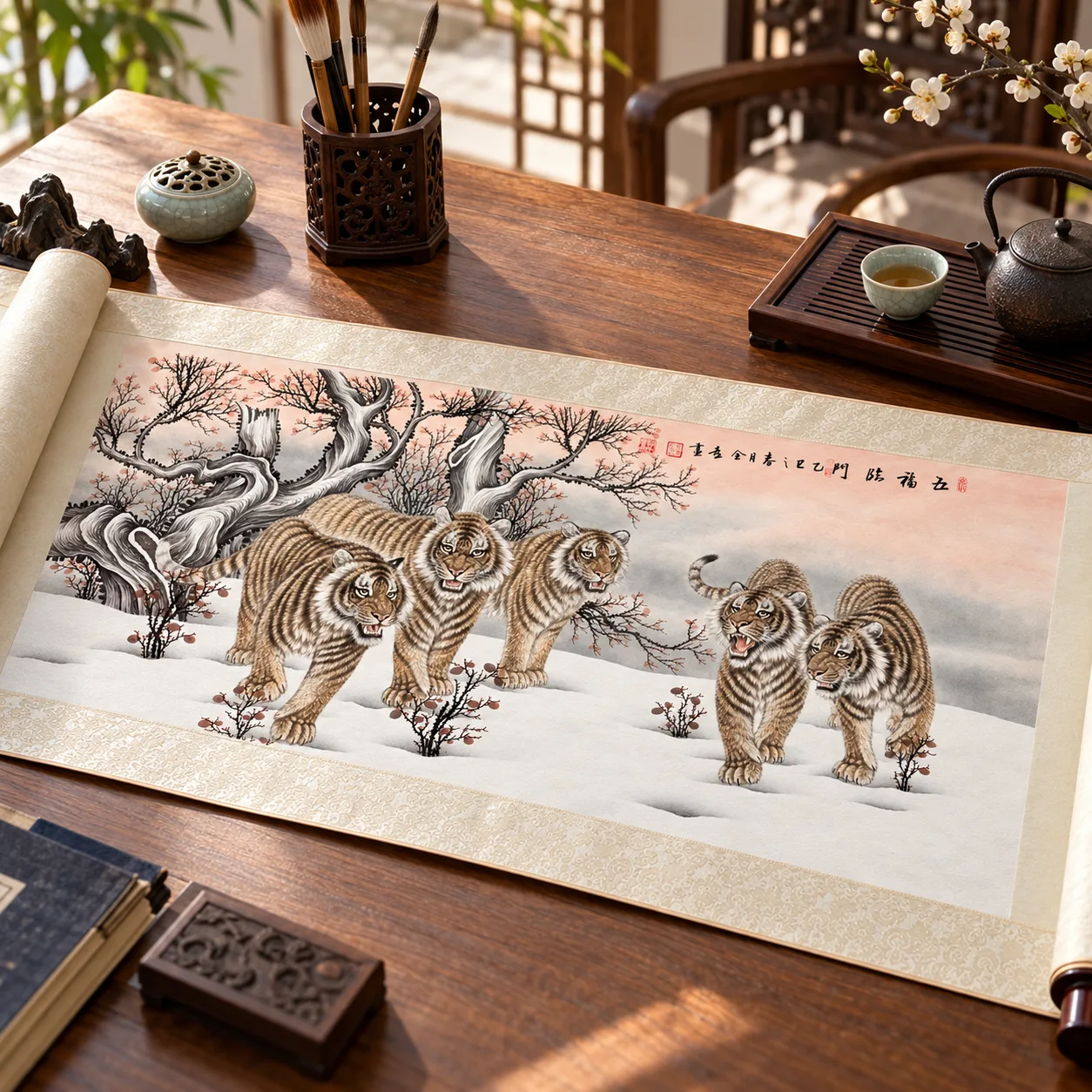 Five Tigers, Five Blessings | Chinese Snow Painting tiger painting view 6