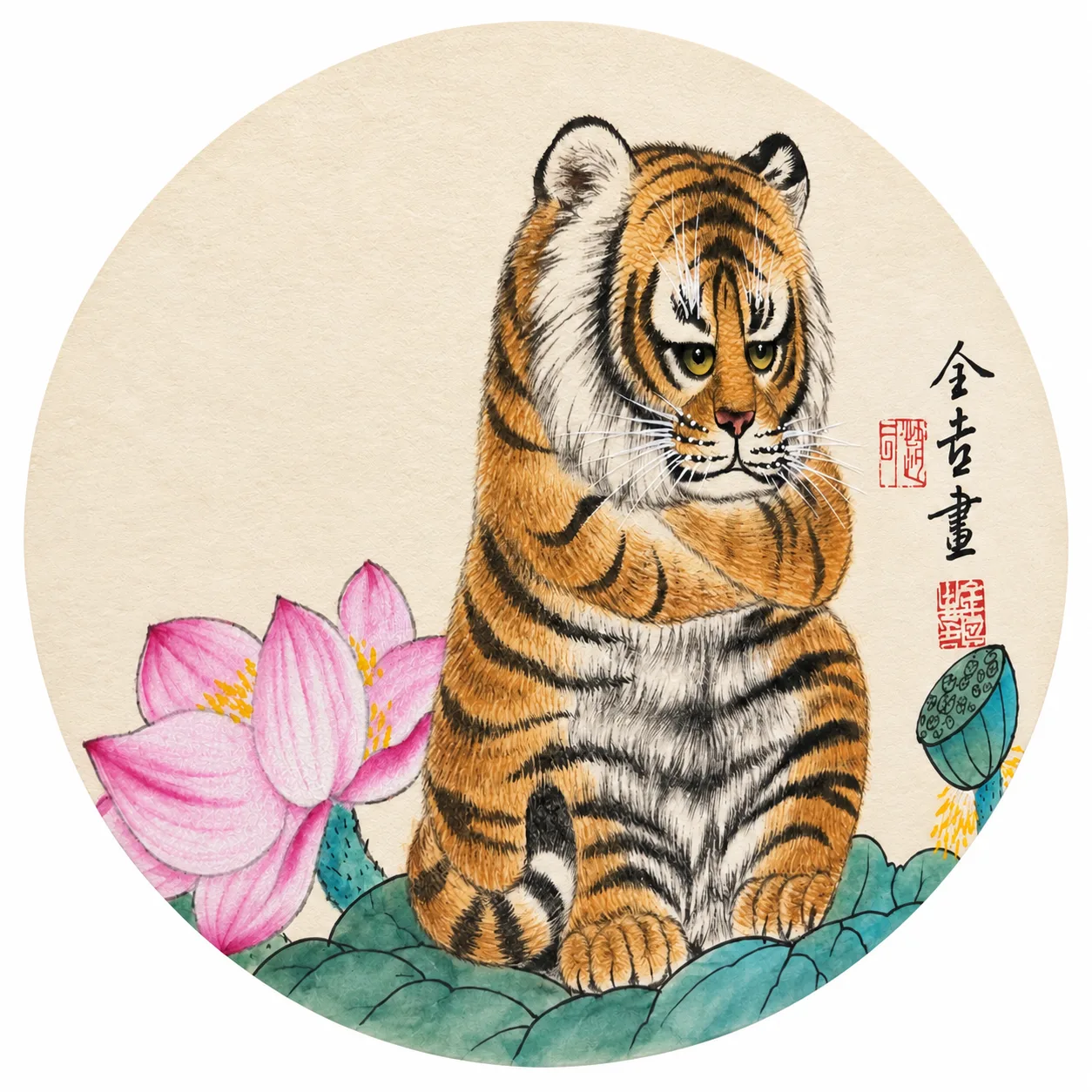 Gold and Jade Fill the Hall | Tiger and Lotus Painting