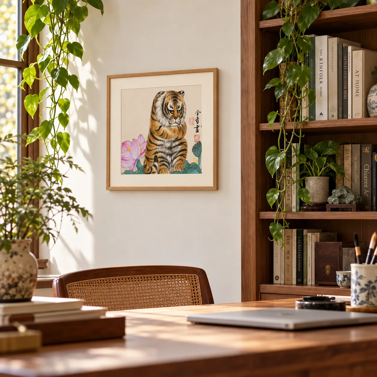 Gold and Jade Fill the Hall | Tiger and Lotus Painting tiger painting view 4