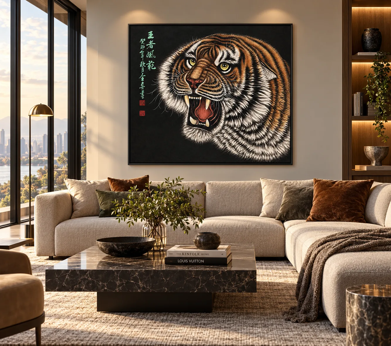Golden Tiger in the Dark | Chinese Gongbi Roaring Tiger tiger painting view 4