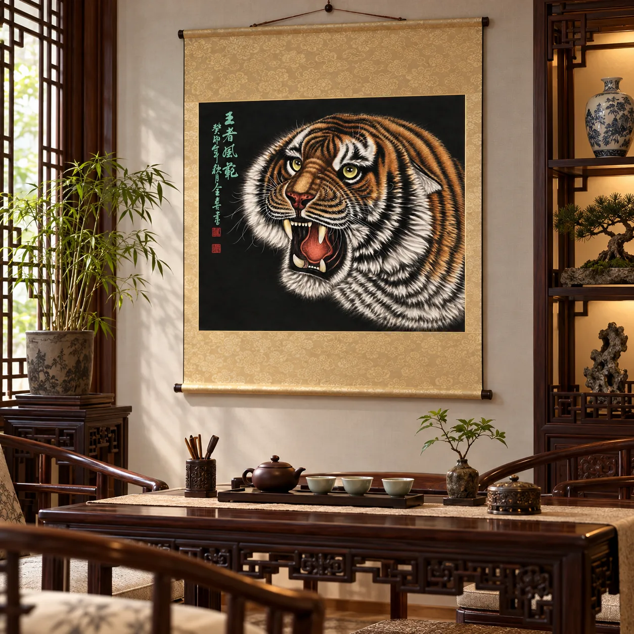 Golden Tiger in the Dark | Chinese Gongbi Roaring Tiger tiger painting view 14