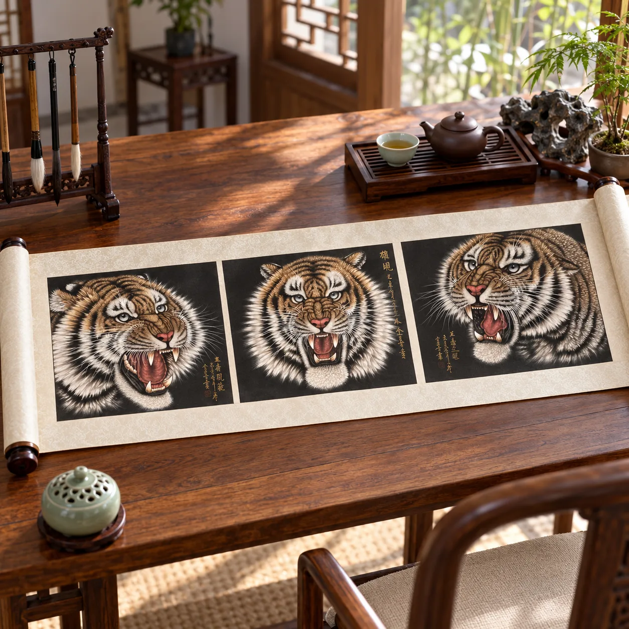 Golden Tiger in the Dark | Chinese Gongbi Roaring Tiger tiger painting view 6