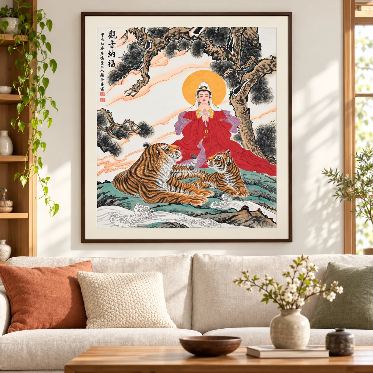 Guanyin Blesses, with Tigers | Buddhist Deity and Tiger Scene tiger painting view 3