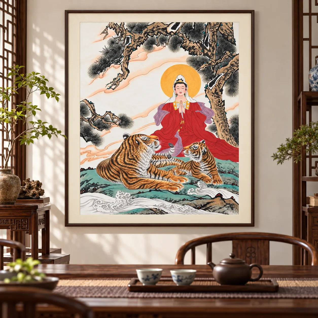 Guanyin Blesses, with Tigers | Buddhist Deity and Tiger Scene tiger painting view 4