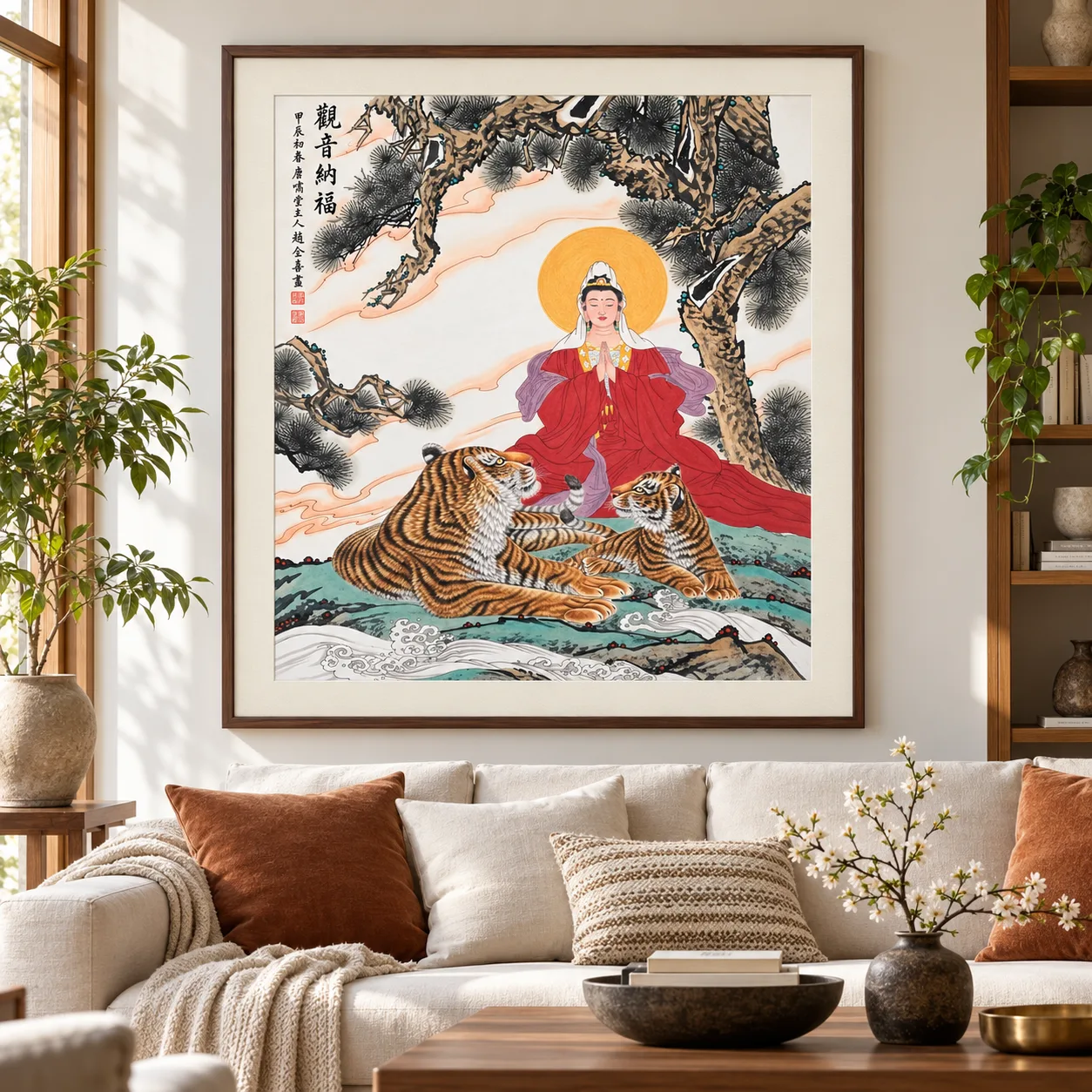 Guanyin Blesses, with Tigers | Buddhist Deity and Tiger Scene tiger painting view 10