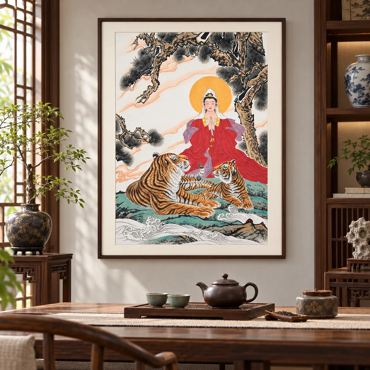 Guanyin Blesses, with Tigers | Buddhist Deity and Tiger Scene tiger painting view 11
