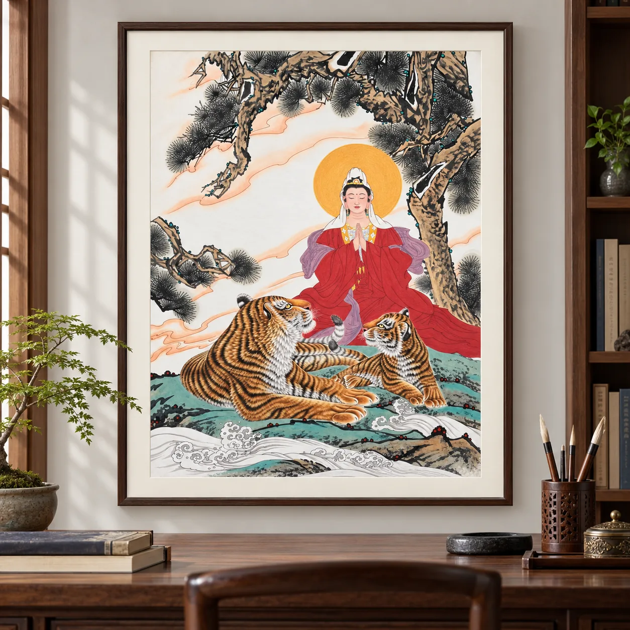 Guanyin Blesses, with Tigers | Buddhist Deity and Tiger Scene tiger painting view 12