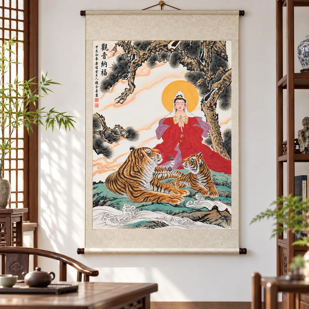 Guanyin Blesses, with Tigers | Buddhist Deity and Tiger Scene tiger painting view 6