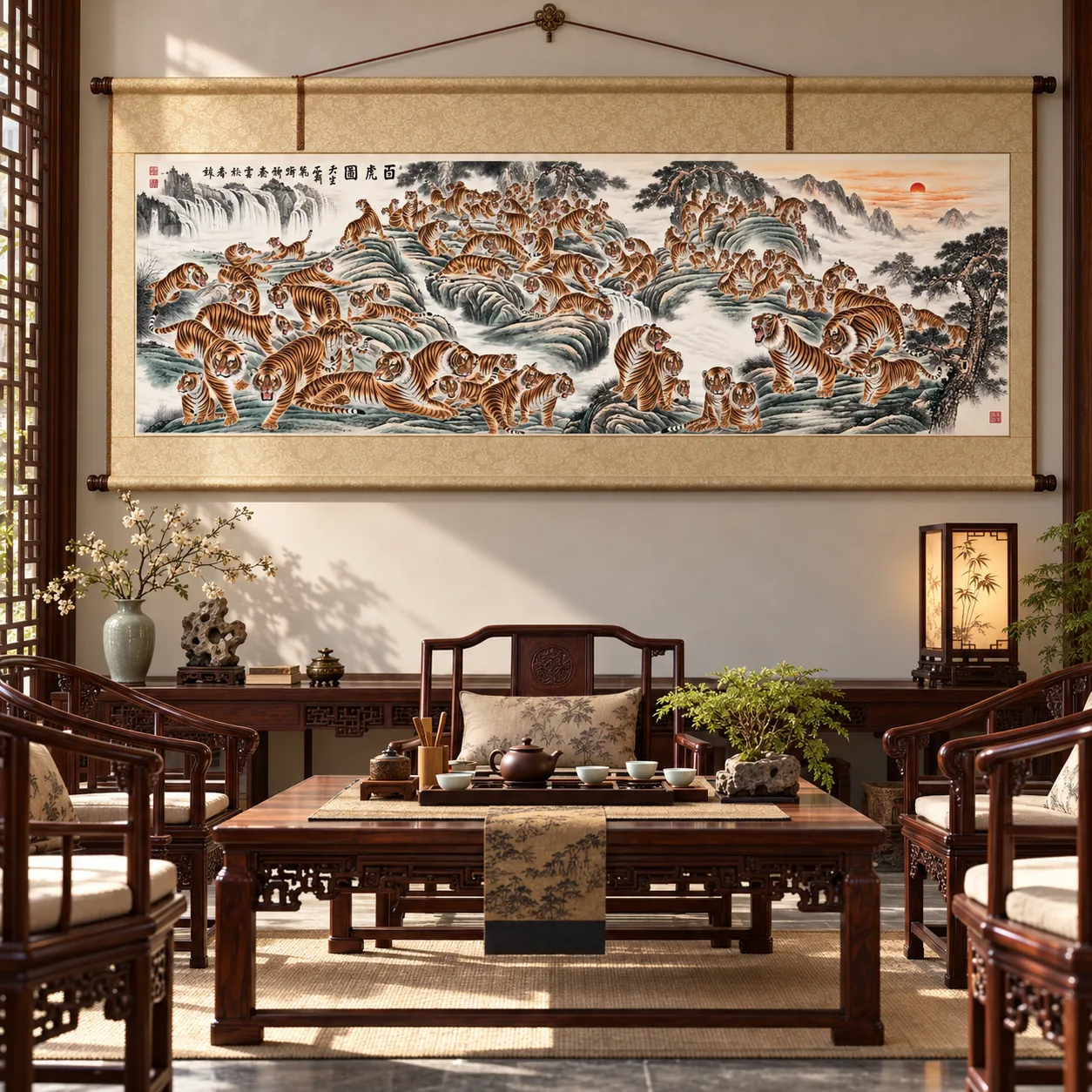 Hundred Tigers Scroll | Long Chinese Tiger Landscape tiger painting view 10