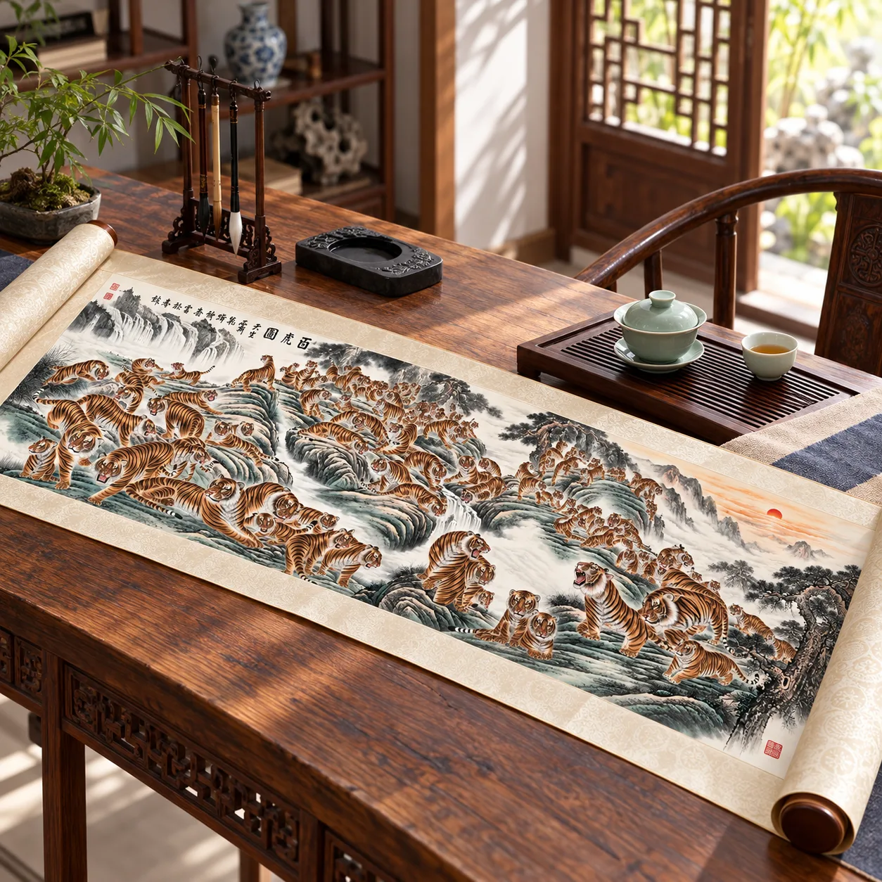 Hundred Tigers Scroll | Long Chinese Tiger Landscape tiger painting view 5
