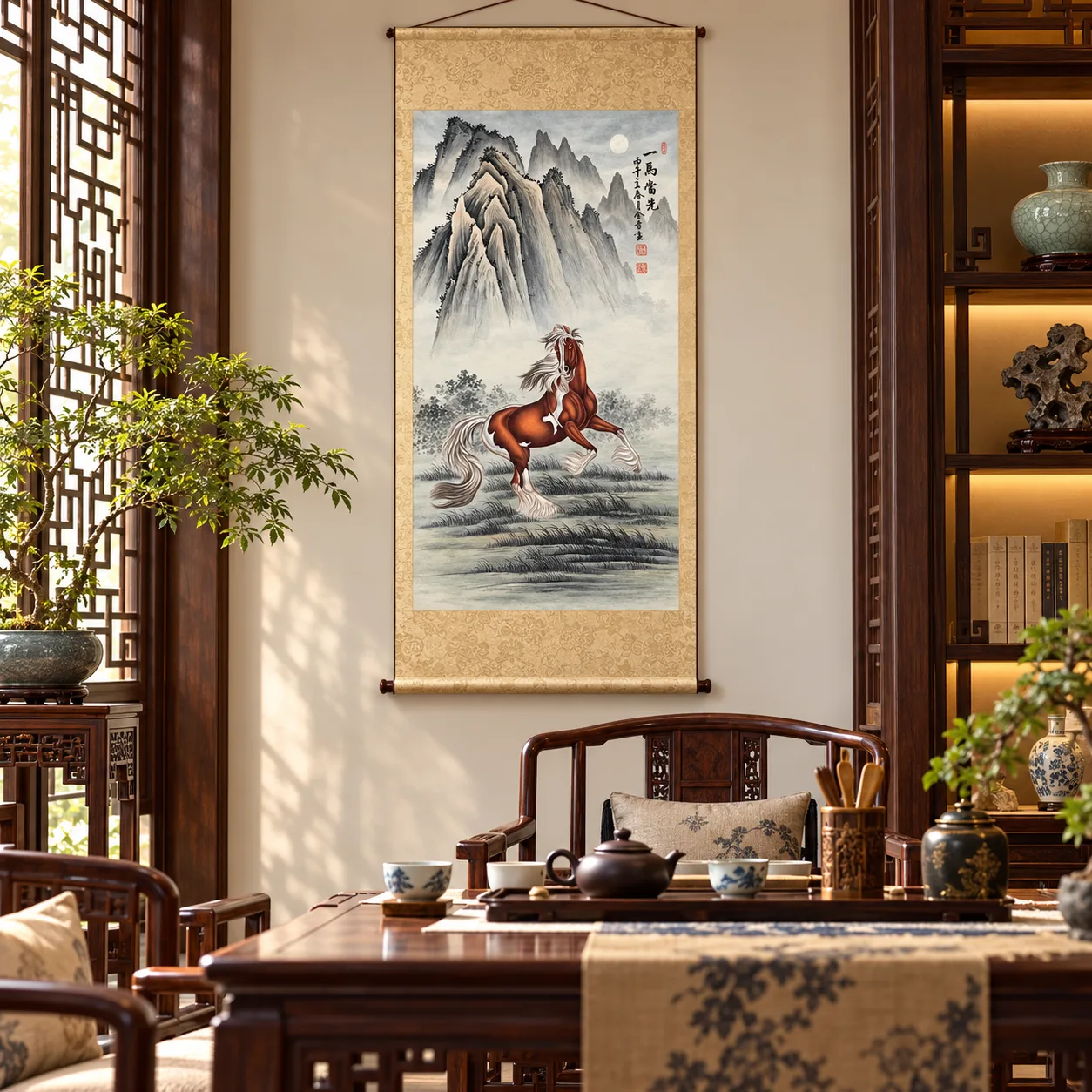 Lead Horse under the Moon | Chinese Gongbi Painting tiger painting view 11