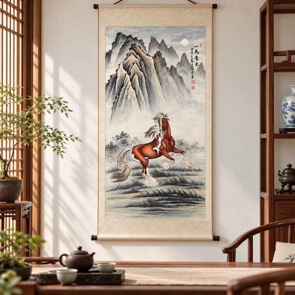 Lead Horse under the Moon | Chinese Gongbi Painting tiger painting view 6
