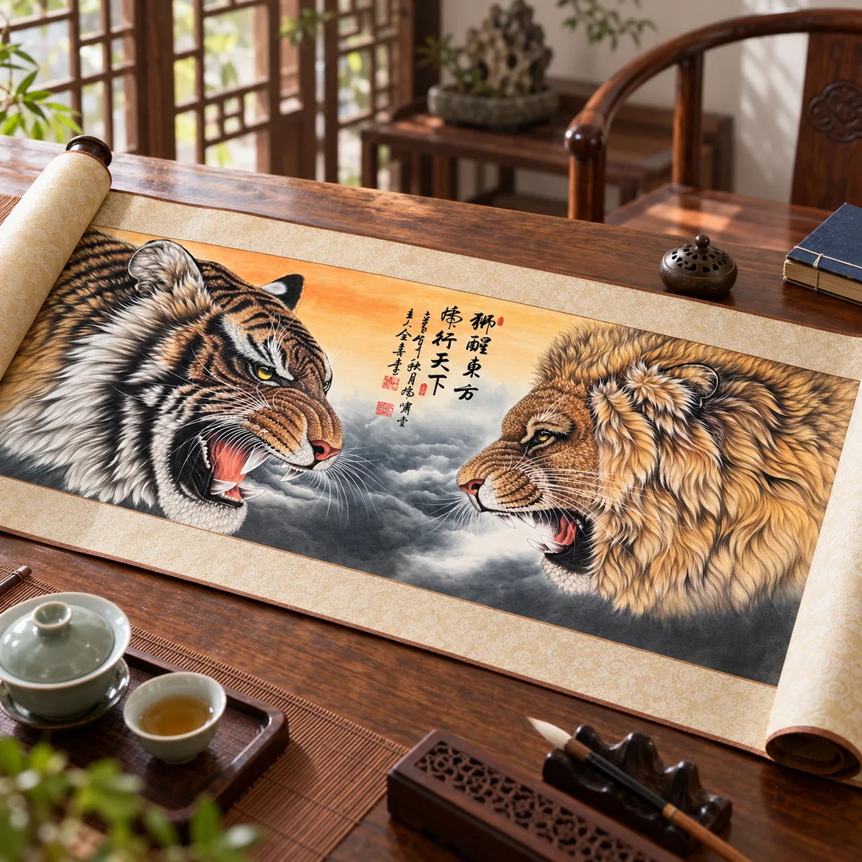 Lion Awakens the East, Tiger Strides the World | Chinese Painting tiger painting view 6
