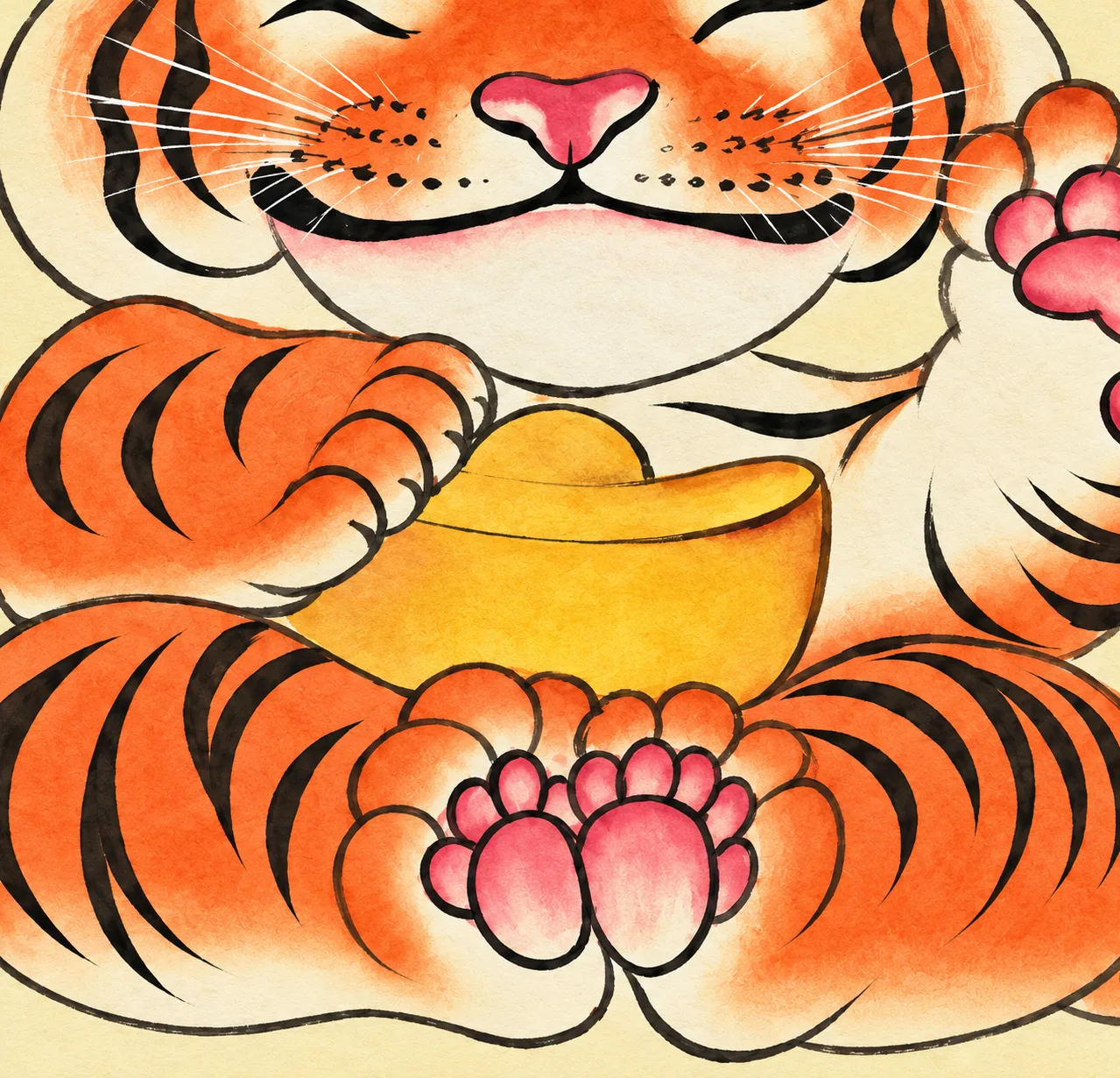 Beckoning Tiger with Gold Ingot | Round Fan Chinese Painting tiger painting view 7