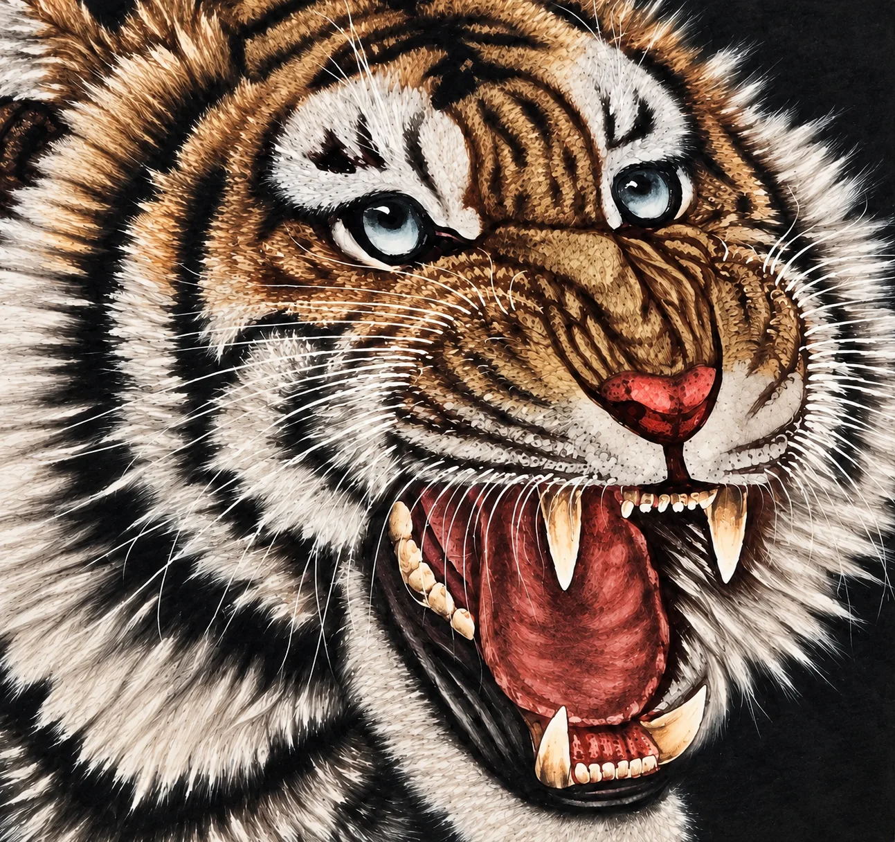 Blue-Eyed Tiger Roaring | Chinese Fine-Brush Portrait tiger painting view 7
