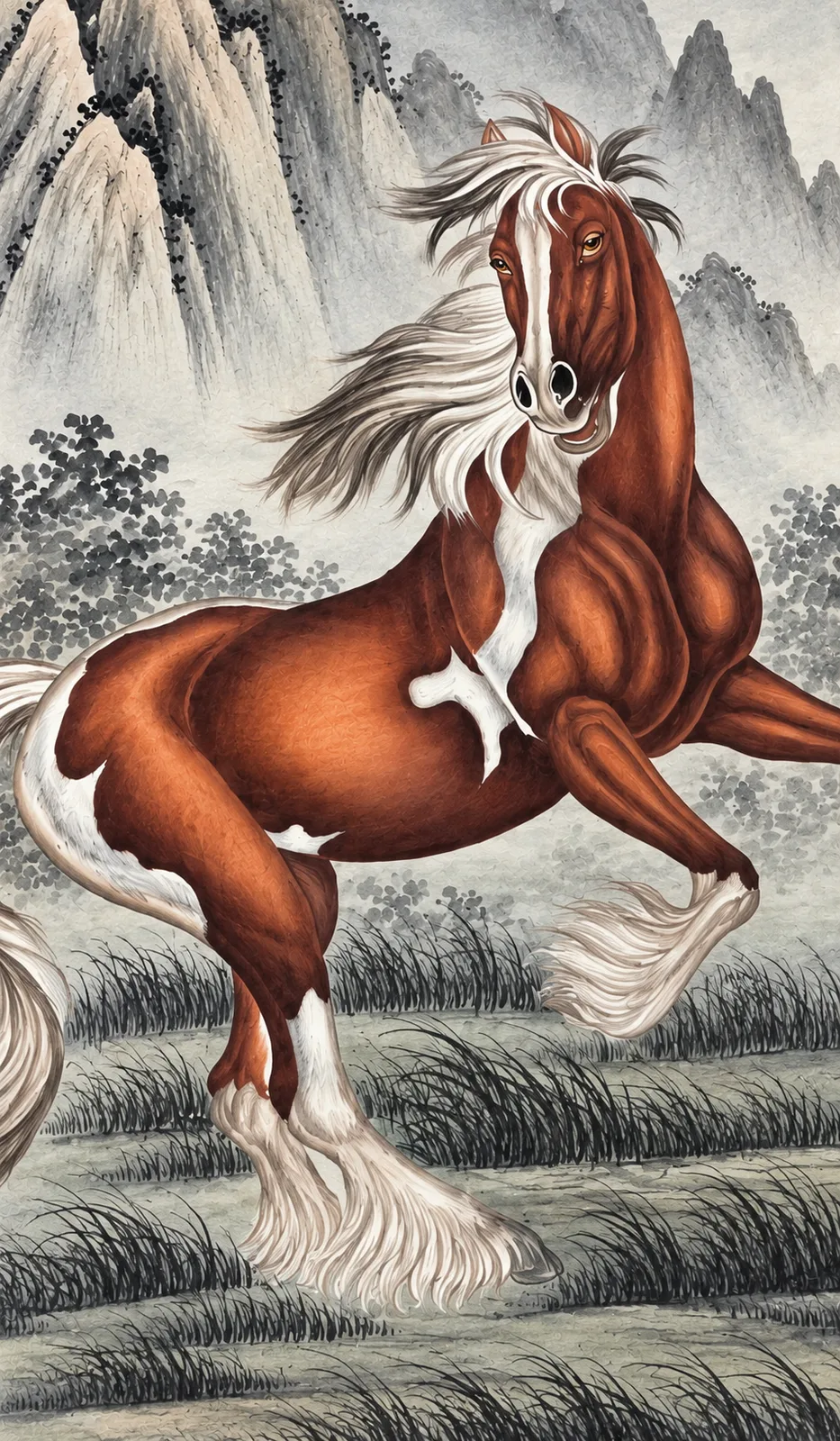Lead Horse under the Moon | Chinese Gongbi Painting tiger painting view 8