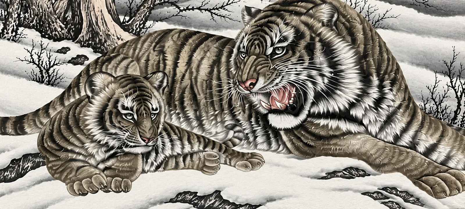 Three Tigers in the Snow Field | Ink Winter Tiger Group tiger painting view 5