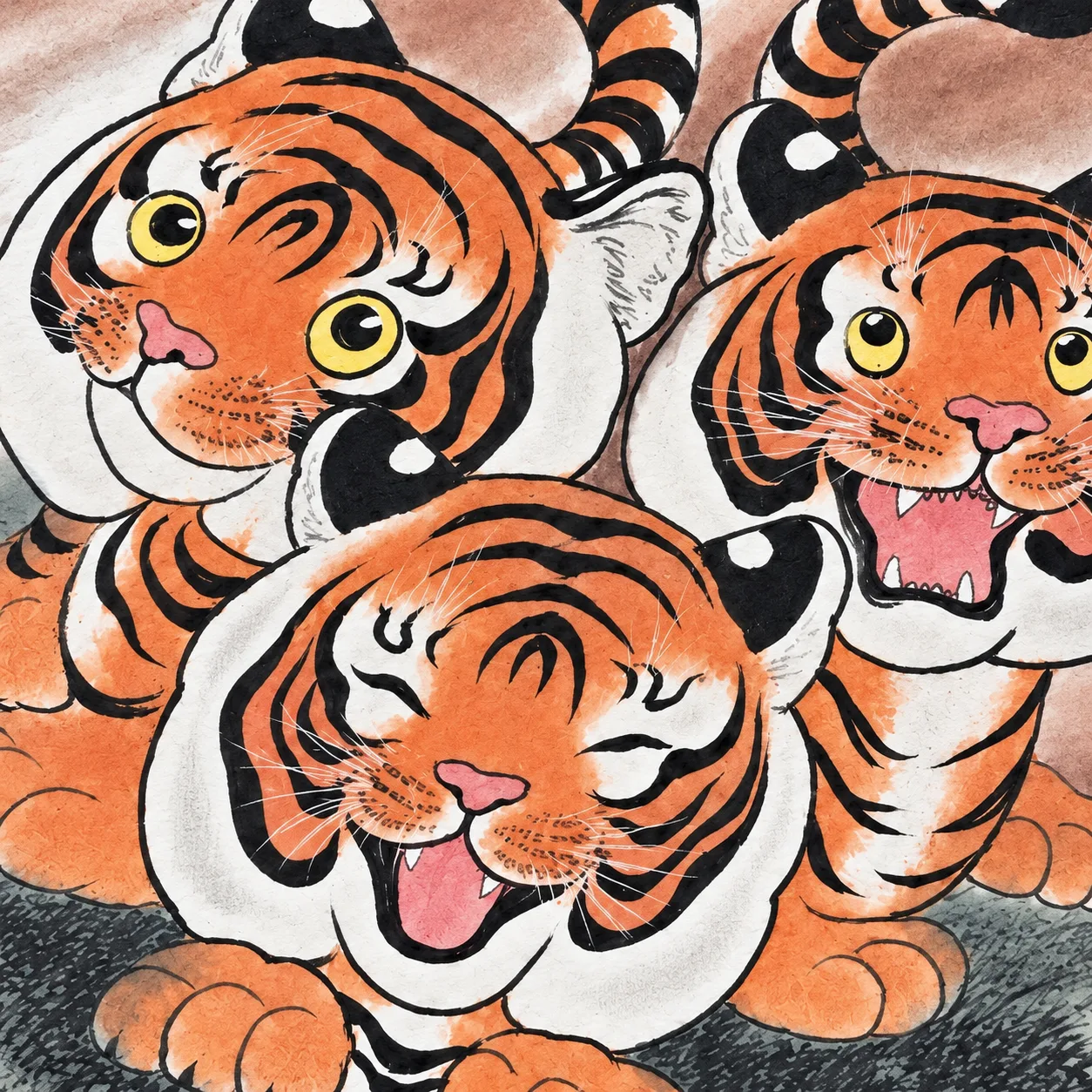 Three Young Tigers | Round Fan Chinese Painting tiger painting view 7