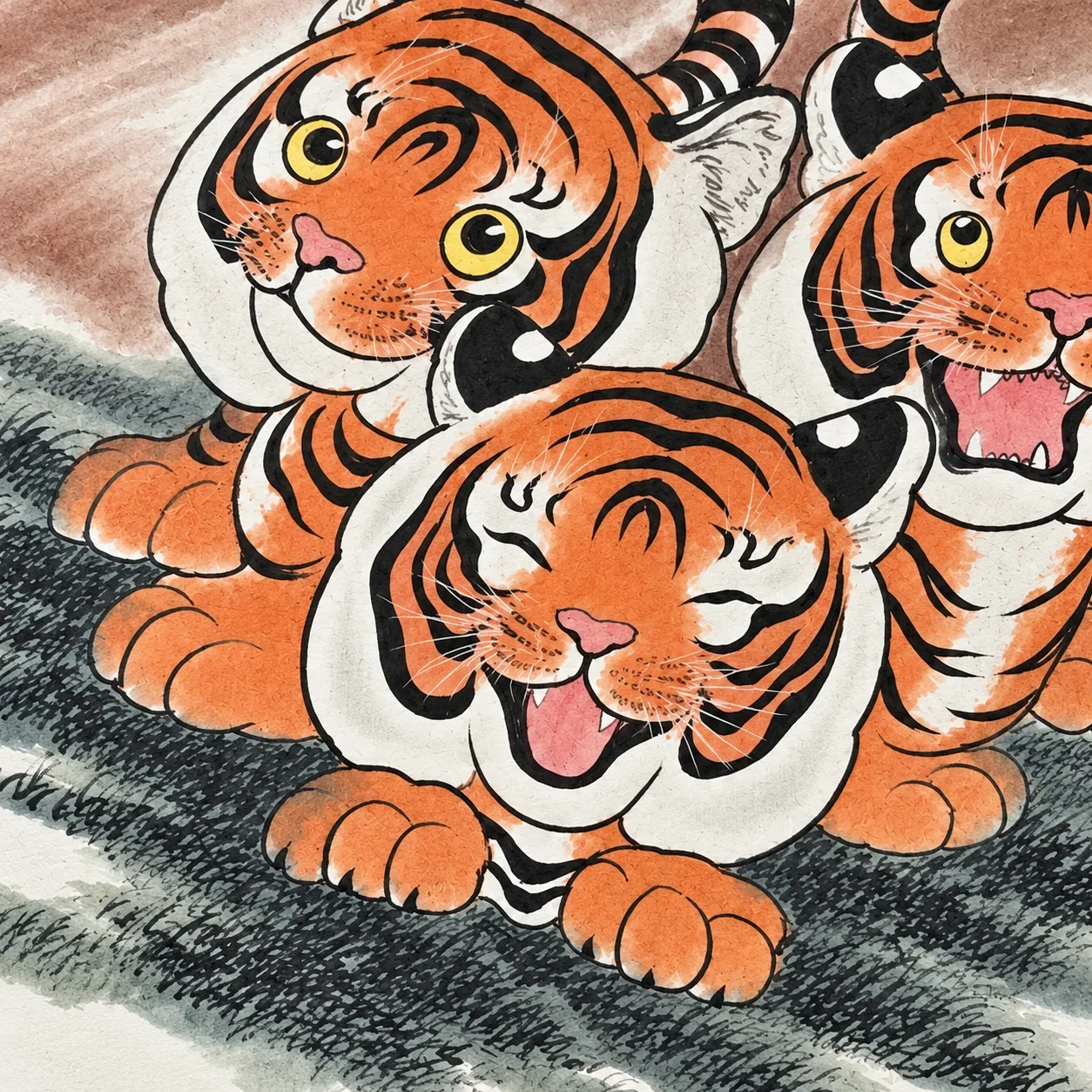 Three Young Tigers | Round Fan Chinese Painting tiger painting view 8