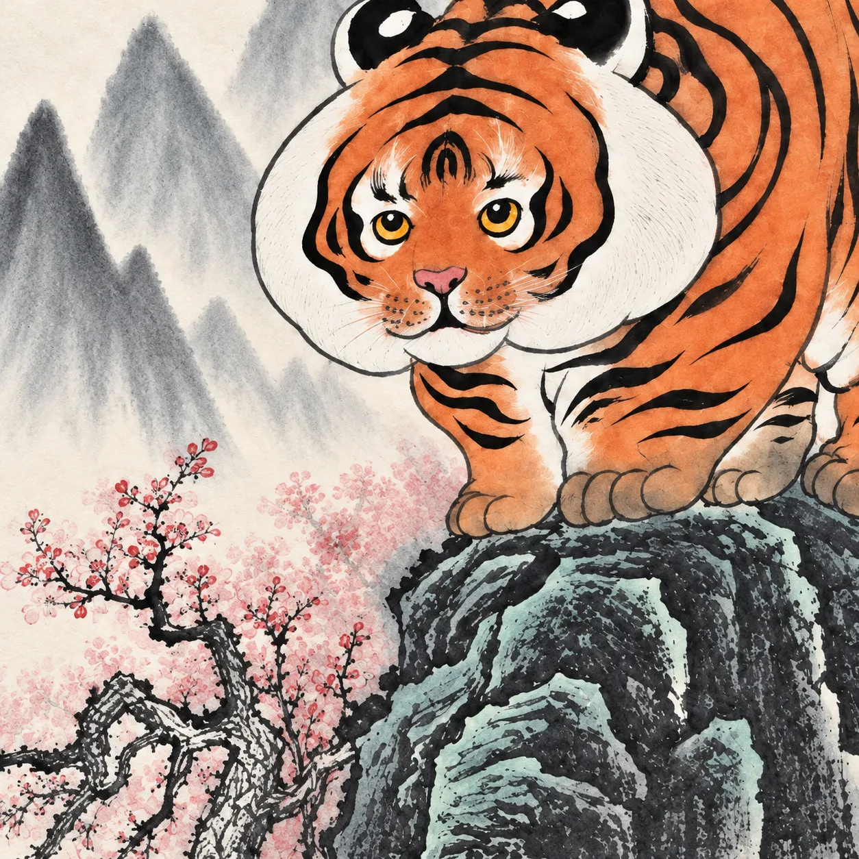 Tiger Climbs to the Summit | Round Fan Chinese Painting tiger painting view 8
