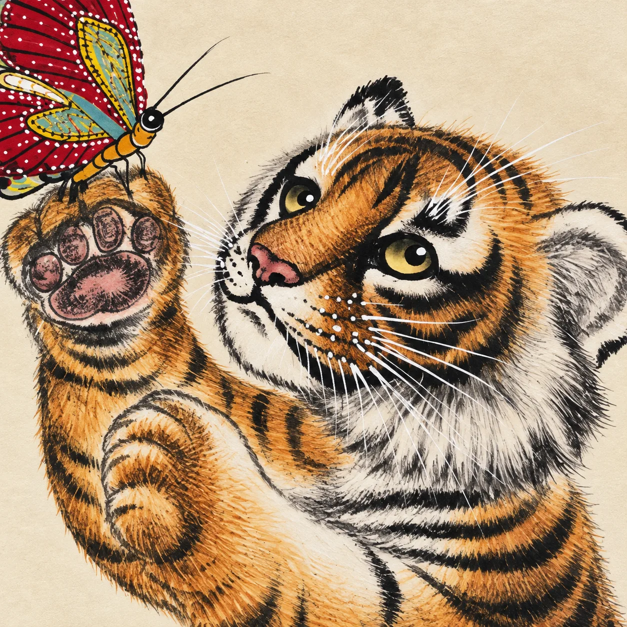 Tiger Cub Chasing a Butterfly | Cute Chinese Painting tiger painting view 6