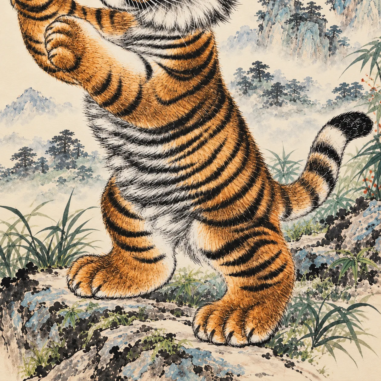 Tiger Cub Chasing a Butterfly | Cute Chinese Painting tiger painting view 7