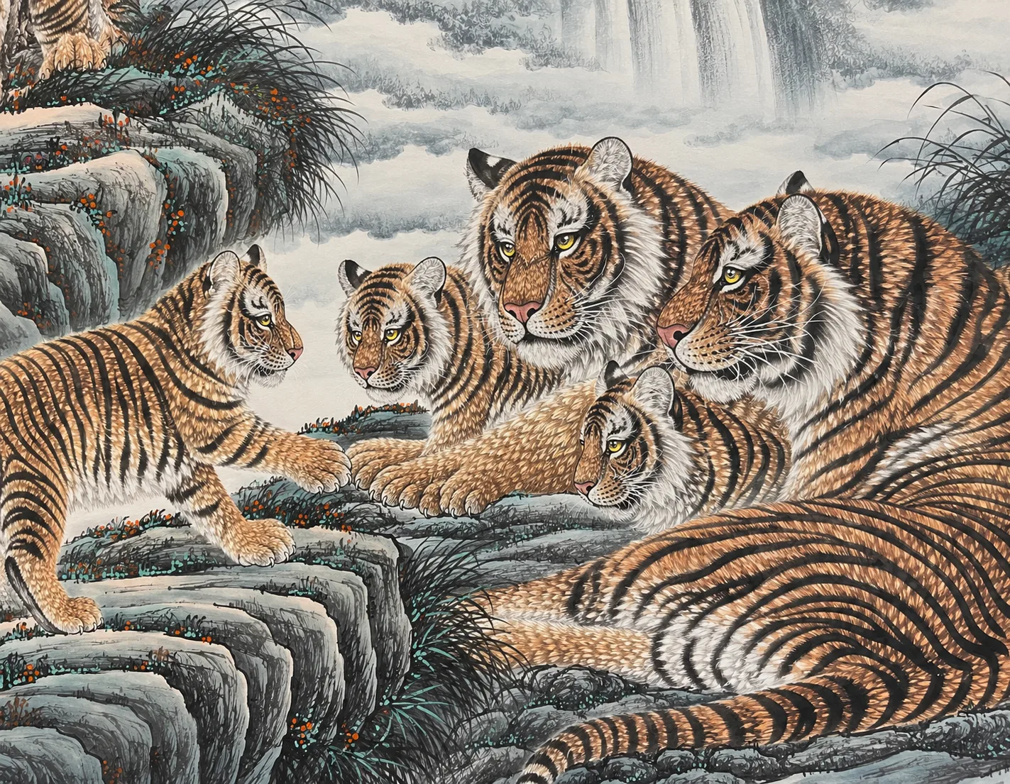 Tiger Family in the Cloud Mountains | Mountain Tiger Scroll tiger painting view 5