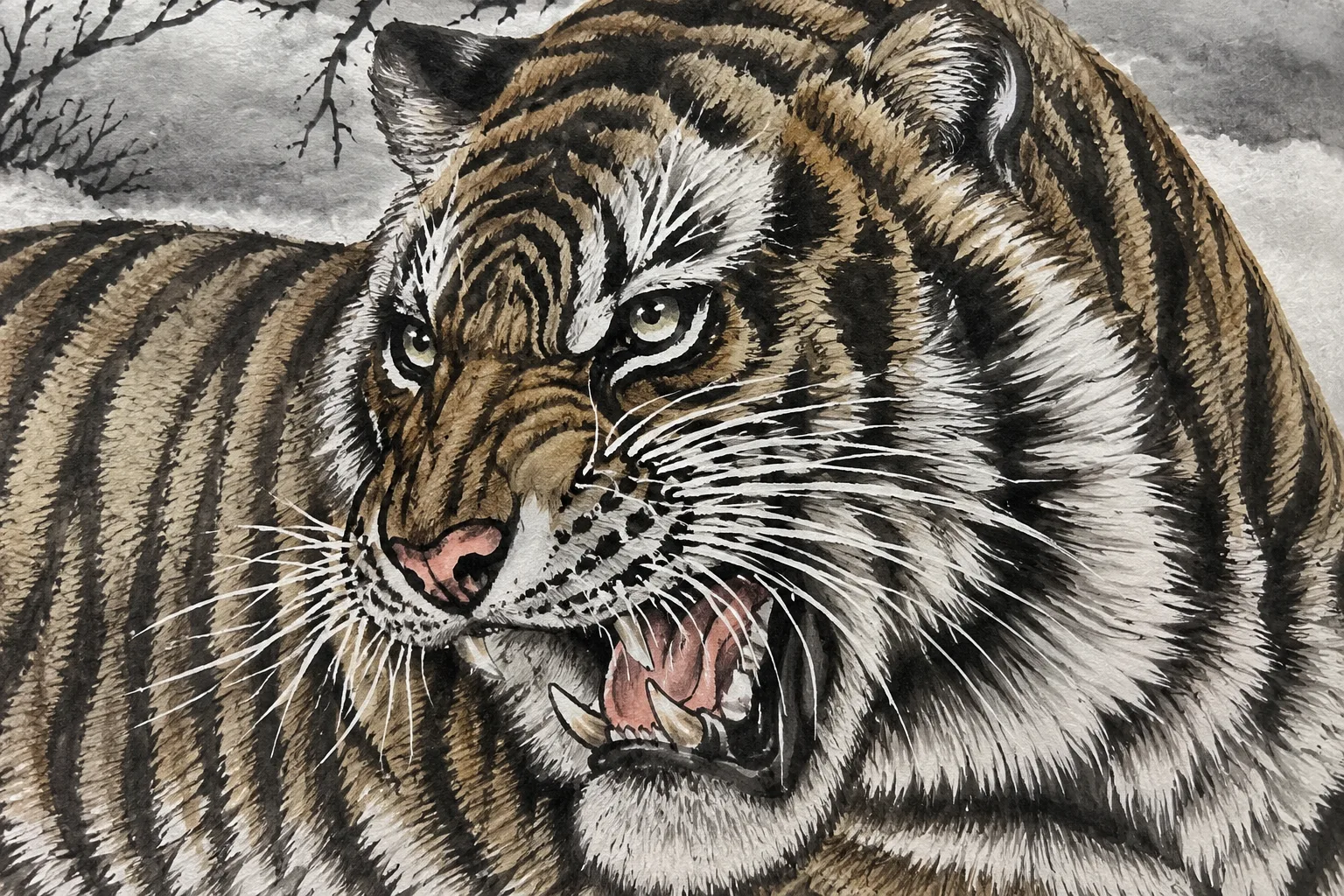 Tiger Family in the Snow | Chinese Gongbi Painting tiger painting view 4