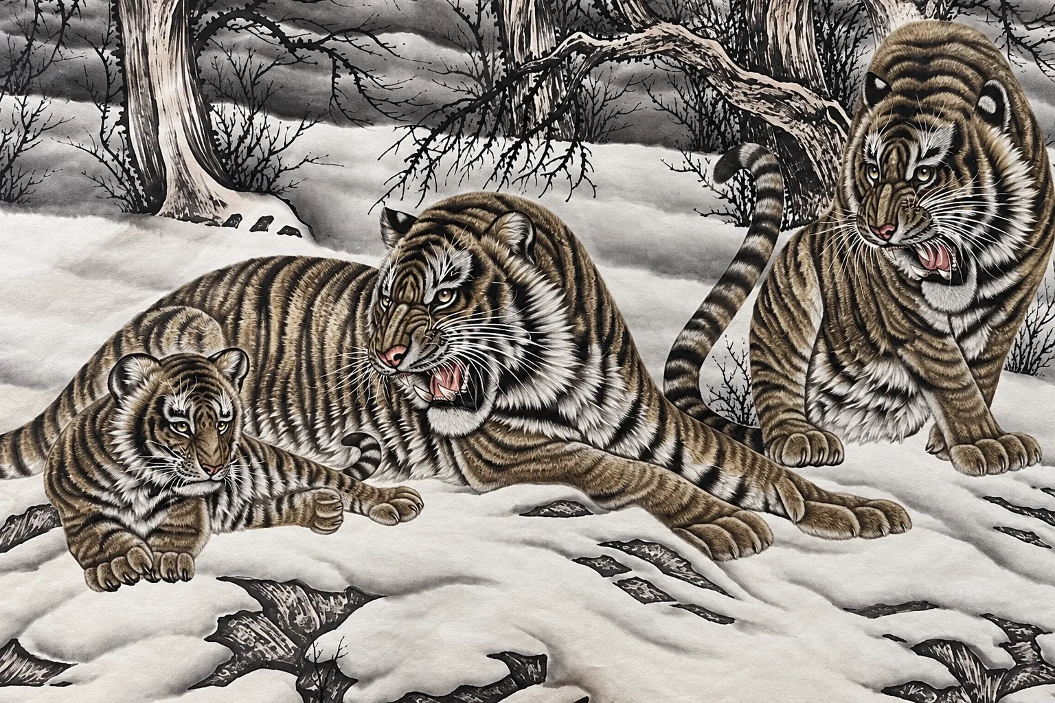 Tiger Family in the Snow | Chinese Gongbi Painting tiger painting view 5