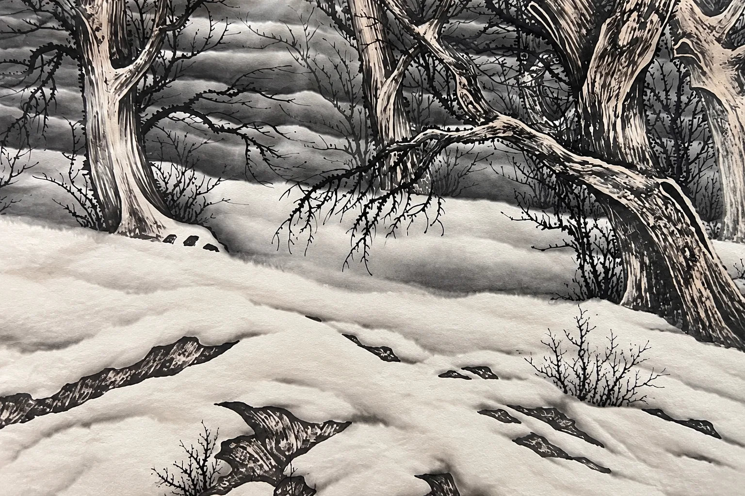 Tiger Family in the Snow | Chinese Gongbi Painting tiger painting view 6