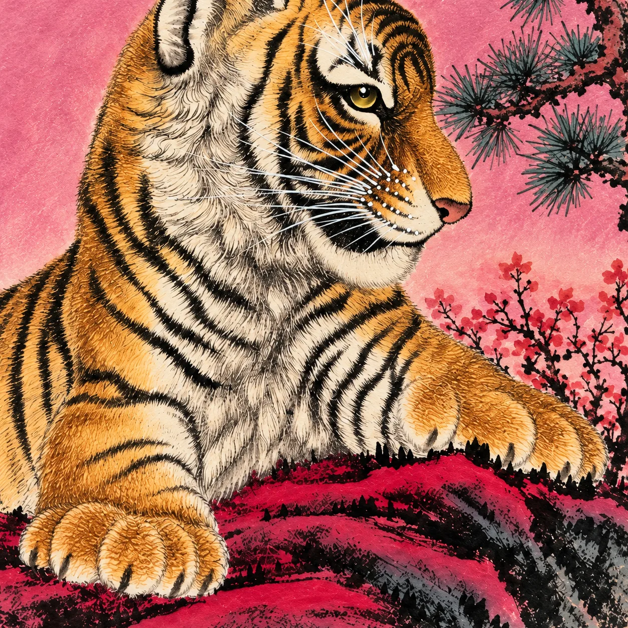 Tiger Gazing from a Crimson Rock | Chinese Painting tiger painting view 7